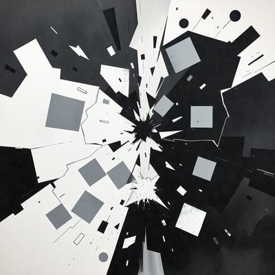 The primary subject of the image is a black and white drawing of a building with a large hole in the center. The setting is a black background, and the visual style appears to be a combination of digital art and illustration. The drawing has a dramatic and intense atmosphere, with the large hole in the center drawing attention.